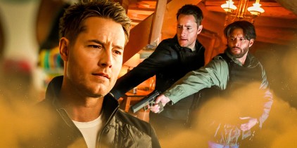 A custom image with an action shot of Colter and Russell and an overlayed close up of Colter with golden and orange tones throughout