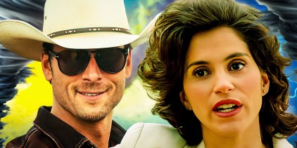 Collaged and edited image of Glenn Powell grins while wearing a cowboy hat and glasses in Twisters and Jamie Gertz looks concerned in Twister