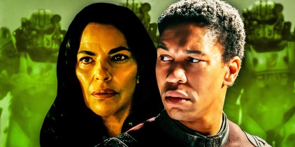 Lee Moldaver (Sarita Choudhury) and Maximus (Aaron Moten) both looking surprised in Fallout
