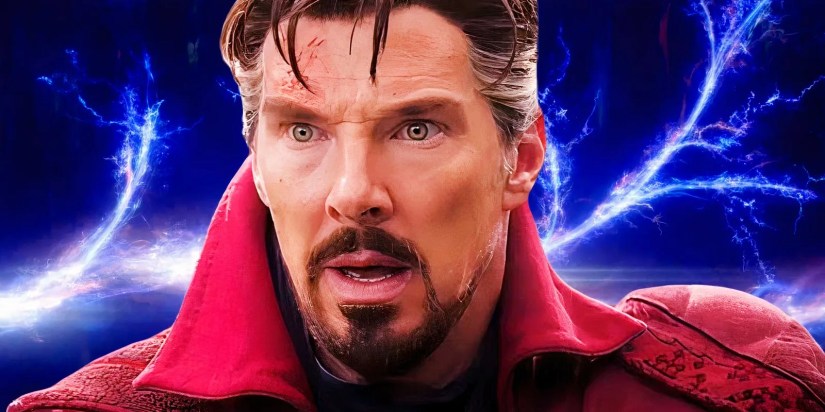 Doctor Strange looks shocked in front of the branching timeline from Loki
