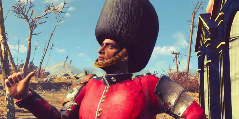 A Fallout: London player with a Royal Guard&rsquo;s hat pointing at himself.