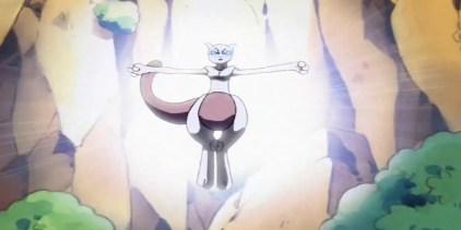 Mewtwo uses his powers to defeat Team Rocket.
