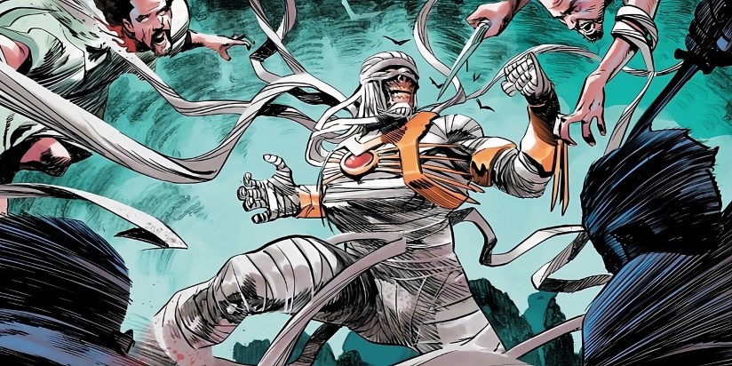 The Living Mummy fends off his attackers with his ancient bandages.