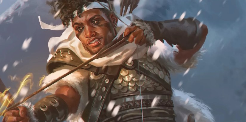 A ranger drawing a bow in a snowy environment as depicted in 2024 D&D art.