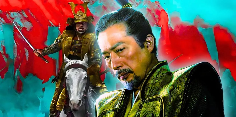 Hiroyuki Sanada as Lord Yoshii Toranaga looks thoughtful in Shogun with the series' poster behind him
