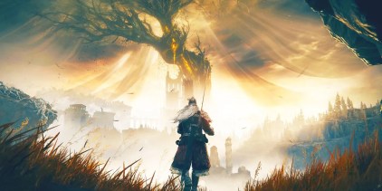 The Tarnished with a sword out walks toward the Erdtree