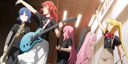 Kessoku Band from Bocchi the Rock in a music video for the series as all of them hold their instruments while Bocchi looks worried.