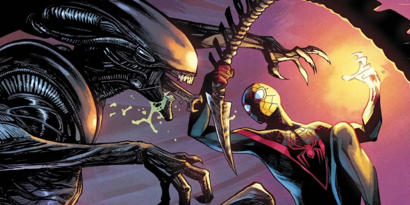 Miles Morales fights a Xenomorph in Valerio Schiti’s Miles Morales Spider-Man #22 Marvel vs Alien variant cover
