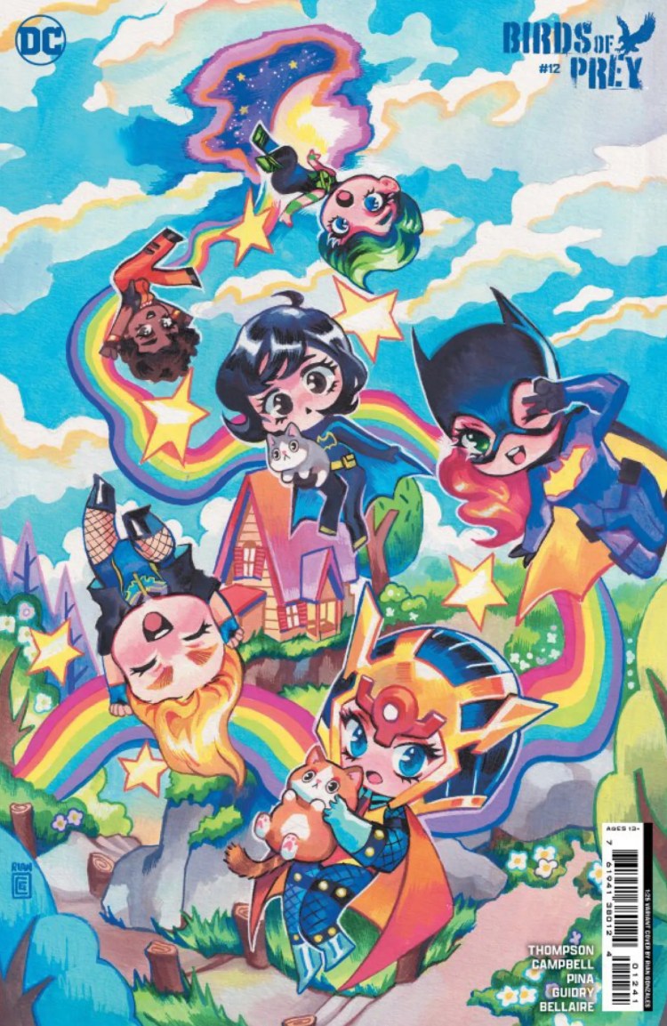 Birds of Prey #12 Rian Gonzales Variant Cover featuring cute cartoon Big Barda, Batgirls, Black Canary, Sin, and Vixen