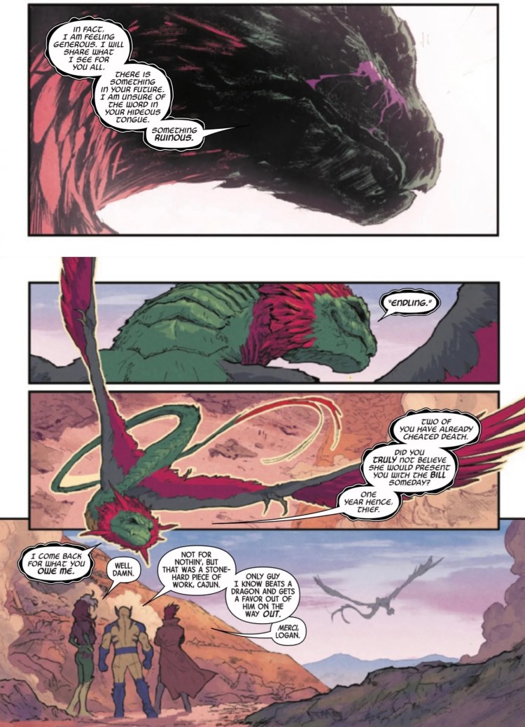 Uncanny X-Men #1 by Simone and Marquez - Sadurang the dragon warns Rogue, Gambit, and Wolverine about Endling villain