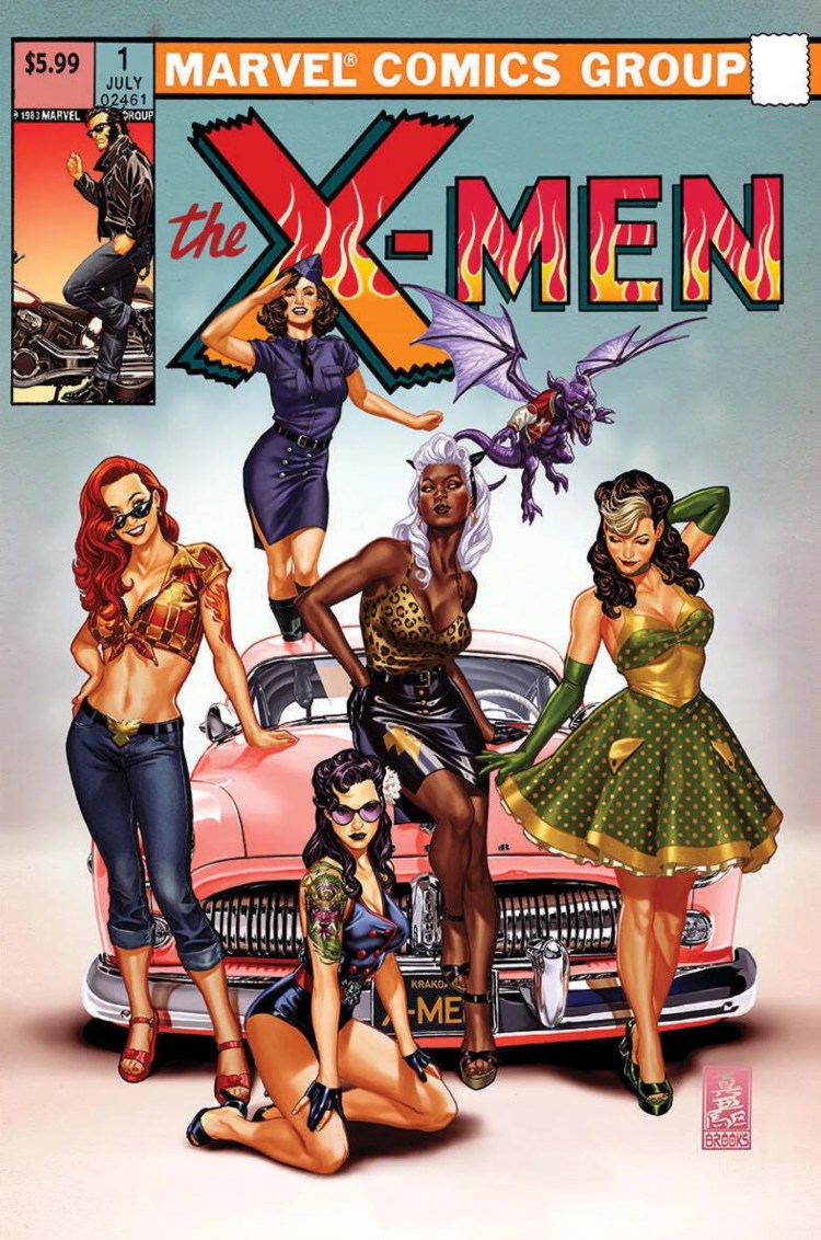 X-Men #1 SDCC Mark Brooks Variant with Storm, Rogue, Jean Grey, Psylocke, Kitty Pryde, and Lockheed 50s redesigns