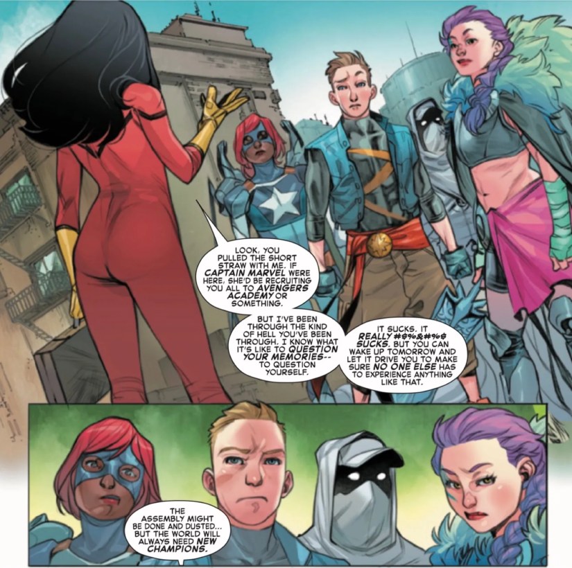 The Founding New Champions in Spider-Woman #10 including Liberty, Cadet Marvel, Moon Squire, and Hellrune