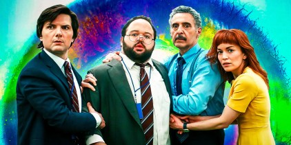 Adam Scott and the cast of Severance holding each other