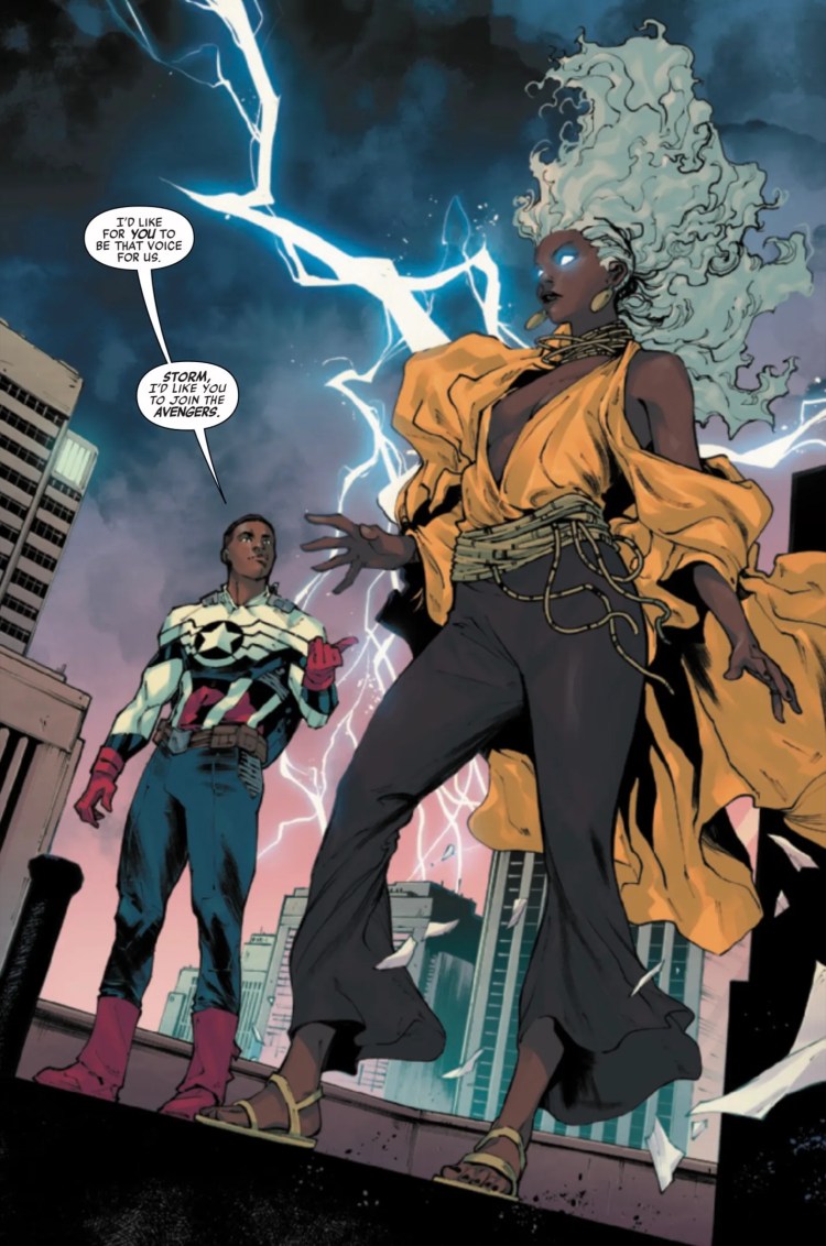 Comic book page: Sam Wilson, as Captain America, recruits Storm to the team.