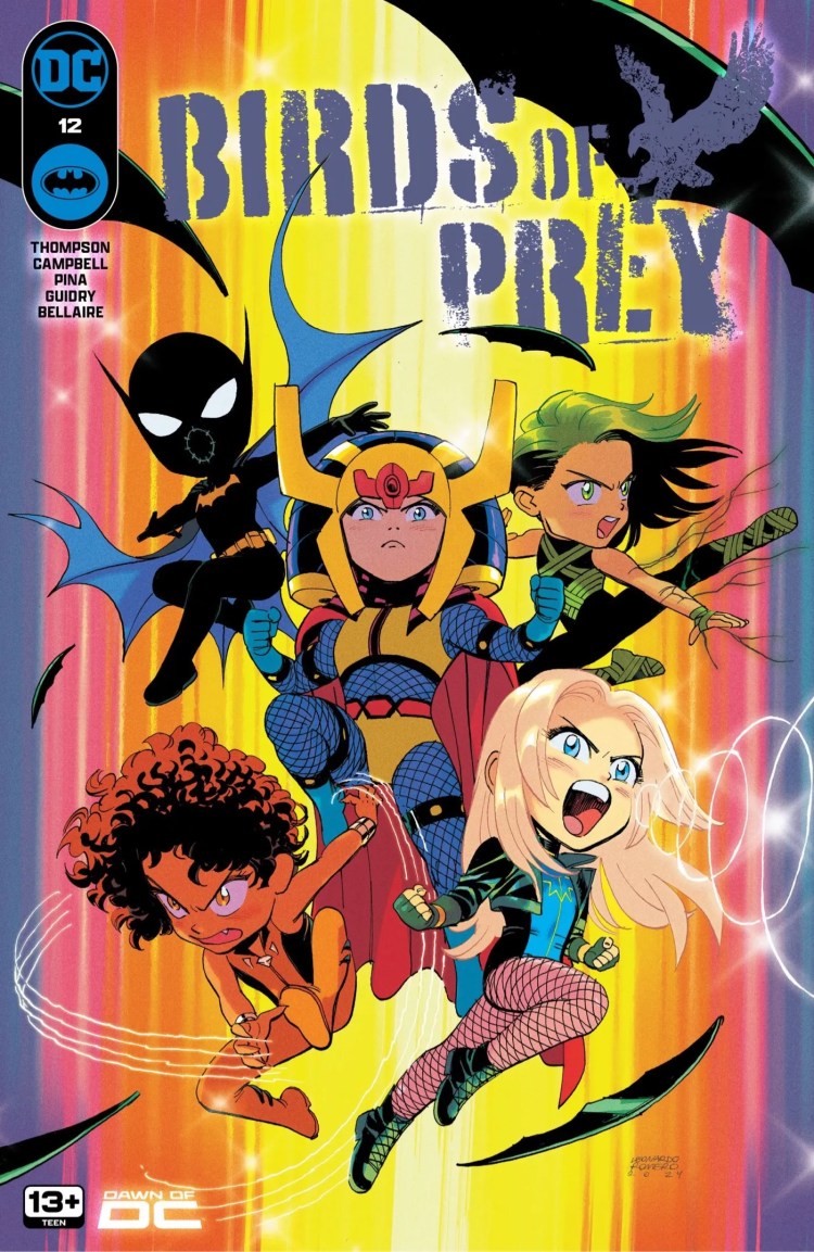 Birds of Prey 12 Main Cover: cartoon versions of Black Canary, Vixen, Big Barda, Cassandra Cain Batgirl, and Sin.