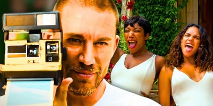 Channing Tatum with a camera and Naomi Ackie cheering in Blink Twice