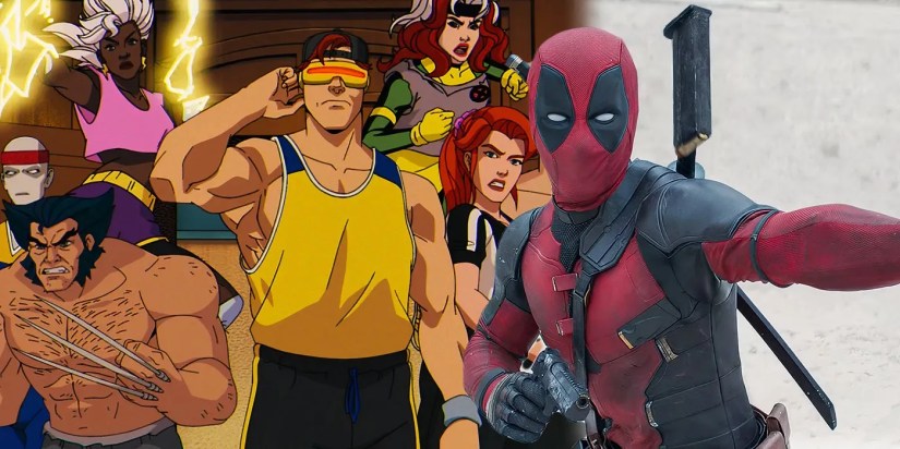 Deadpool firing guns running in front of the cast of X-men 97