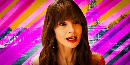 Lily Collins as Emily Cooper looking upset in Emily in Paris with an Eiffel Tower art scene behind her