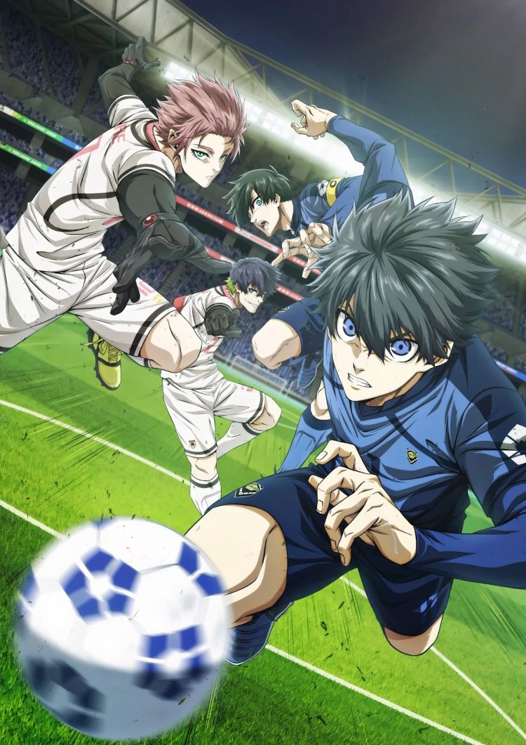 Blue Lock’s Isagi diving for a soccer ball as he looks determined on a field as players behind him try to get it too.