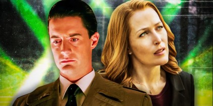 Kyle MacLachlan as Dale Cooper looking concerned in Twin Peaks and Gillian Anderson as Dana Scully looking skeptical in The X-Files