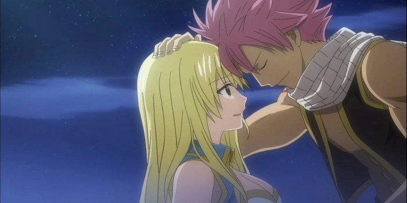 Natsu puts his head to Lucy&rsquo;s as they share an intimate moment together at night in Fairy Tail.