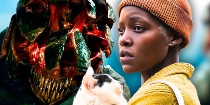 Lupita N&rsquo;yongo as Sam in A Quiet Place Day One with the alien creature behind her