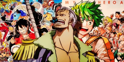 Feature header showing Smoker contrasted against the casts of One Piece and My Hero Academia