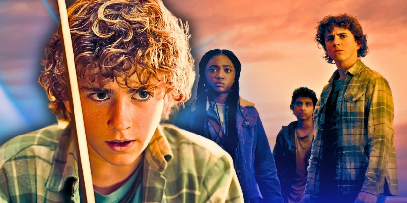 Walker Scobell as Percy Jackson looking serious while wielding a sword in Percy Jackson and the Olympians with Annabeth, Grover and Percy behind him