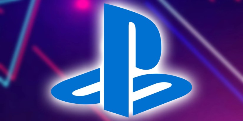 A blue PlayStation logo in front of a neon background.