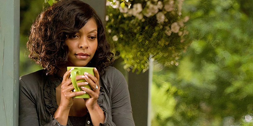Taraji P. Henson as Tiffany Rubin holding a mug and looking reflective in Taken From Me: The Tiffany Rubin Story.