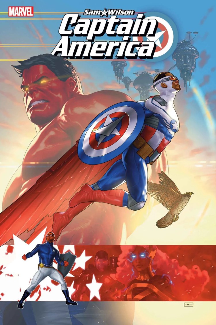 Sam Wilson: Captain America #1 cover, featuring Cap soaring, Red Hulk, Patriot, Storm, War Machine