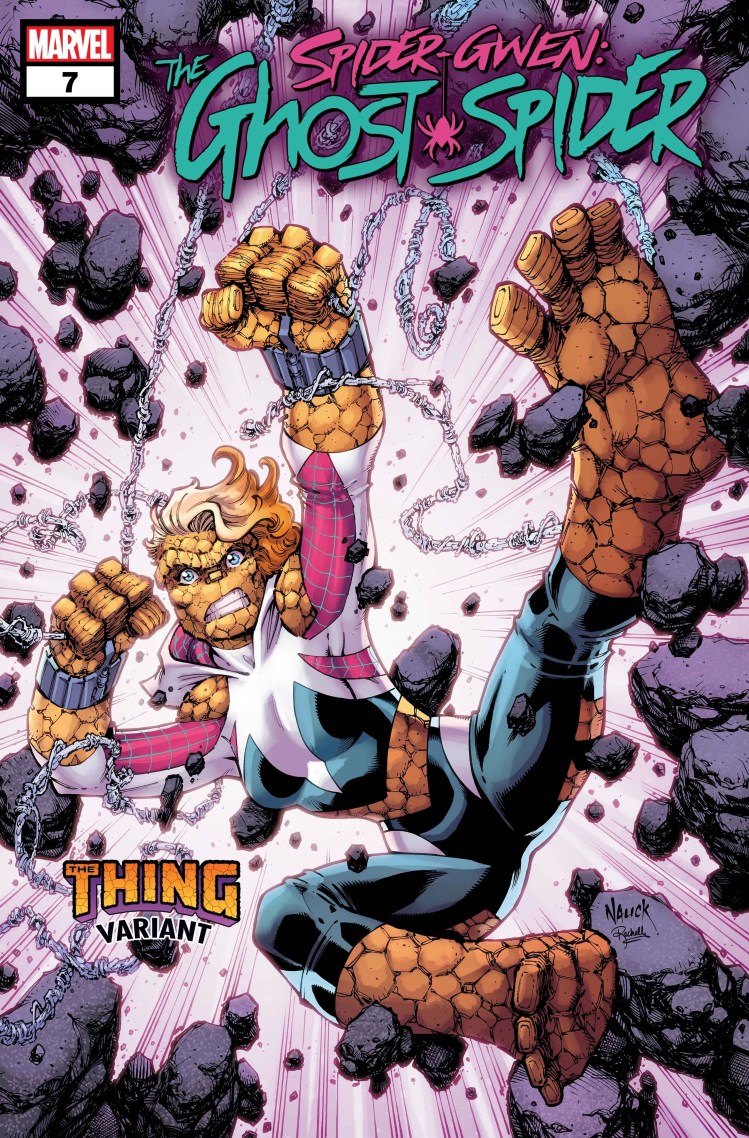 Spider-Gwen: The Ghost Spider #7 Variant Cover by Todd Nauck - Gwen Stacy and The Thing Hybrid swings through rocks