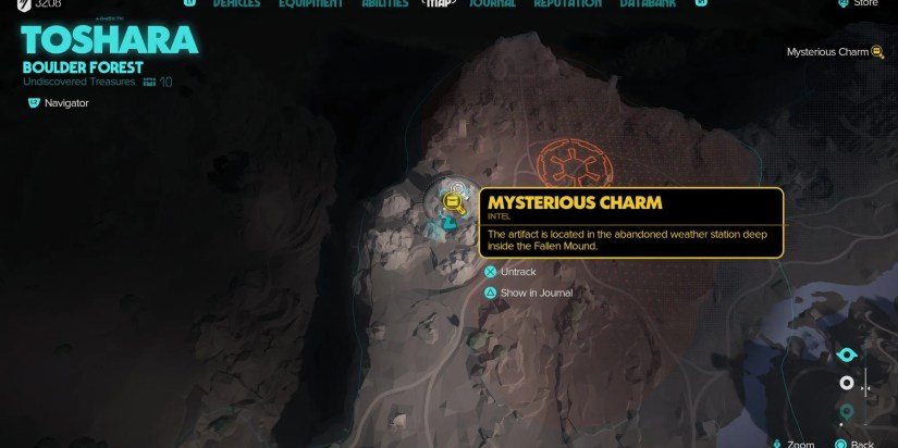 A map showing the location of the Mysterious Charm on Toshara in Star Wars Outlaws.