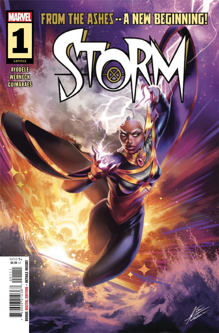 Storm #1 Cover by Mateus Manhanini - Storm soars through the glowing sky with purple lighting