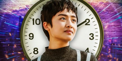 Brianne Tju as Shay looking confident in Uglies with a clock behind her