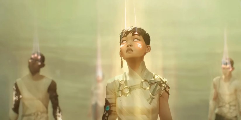 Characters looking up while glowing in Arcane