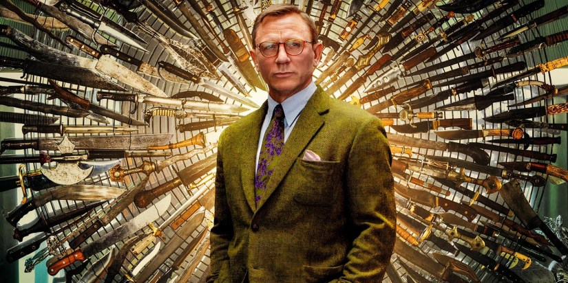 Daniel Craig as Benoit Blanc smiling and posing against a knife display in a Knives Out poster