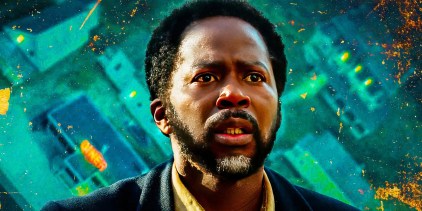Harold Perrineau as Boyd Stevens looking alarmed in From with imagery of the township behind him