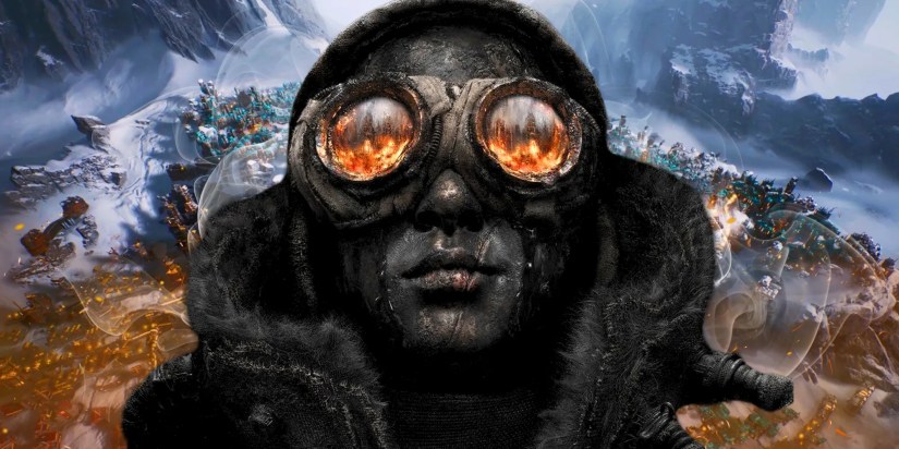 Frostpunk 2 charactert covered in ash wearing goggles that show fire in the reflection, behind them is a snow covered city from above.