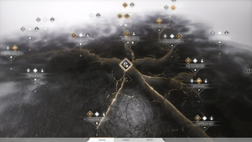 Frostpunk 2 Research Tree showing several gold glowing paths of topics that have been researched like Worker Shifts and Generator Upgrades.