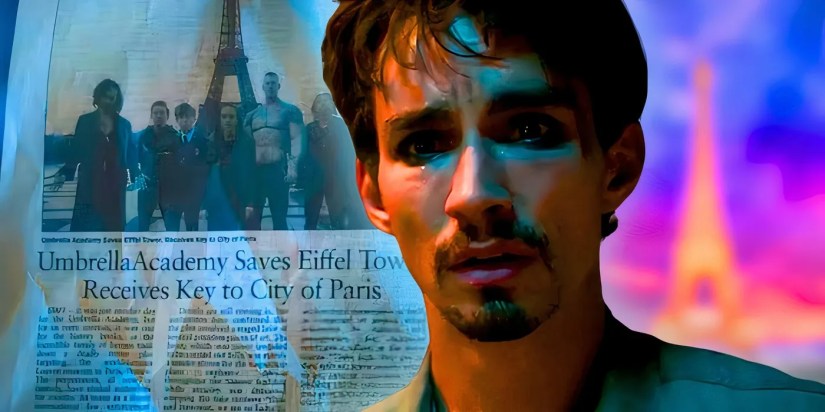 Klaus (Robert Sheehan) crying combined with an image of the Eiffel Tower save newspaper clipping from The Umbrella Academy