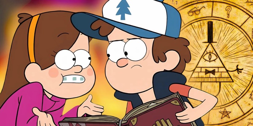 Mabel and Dipper from Gravity Falls with Bill Cipher behind them