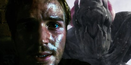 Rob looking into the camera next to Clover looking down in Cloverfield