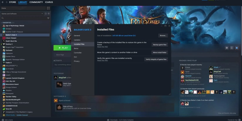 Steam library screenshot with the properties window open, verifying integrity of game files