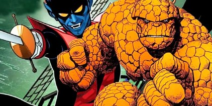 Fantastic Four&rsquo;s Thing (right, foreground) with pirate Nightcrawler (left, background) point his sword.