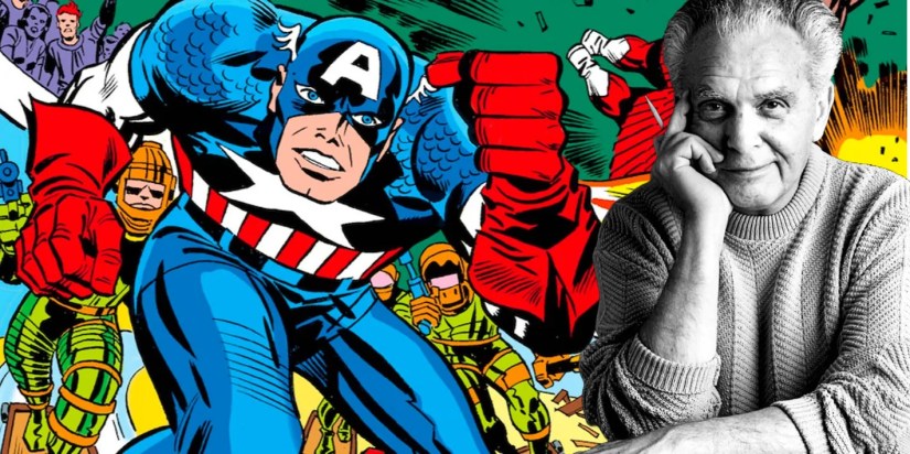 Captain America charging into battle, as drawn by Jack Kirby (left) and a black-and-white photo of Kirby (right.)