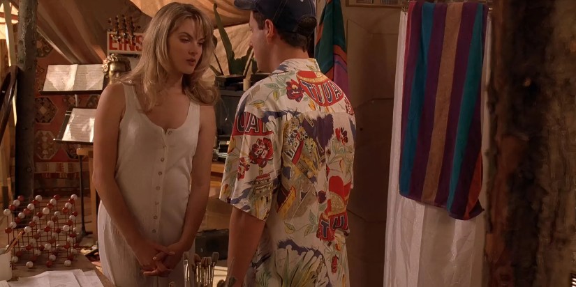 Billy (Adam Sandler) and Veronica (Bridgette Wilson) flirting in Billy’s garden tent in Billy Madison.