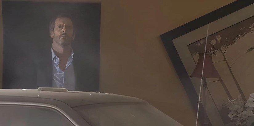 Hugh Laurie as Gregory House stood in the wreckage of Cuddy&rsquo;s dining room after crashing in the House episode Moving On.