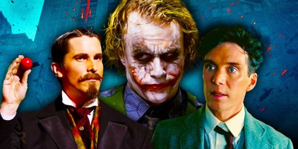 Custom image of Bale in The Prestige, Ledger in The Dark Knight, and Murphy in Oppenheimer