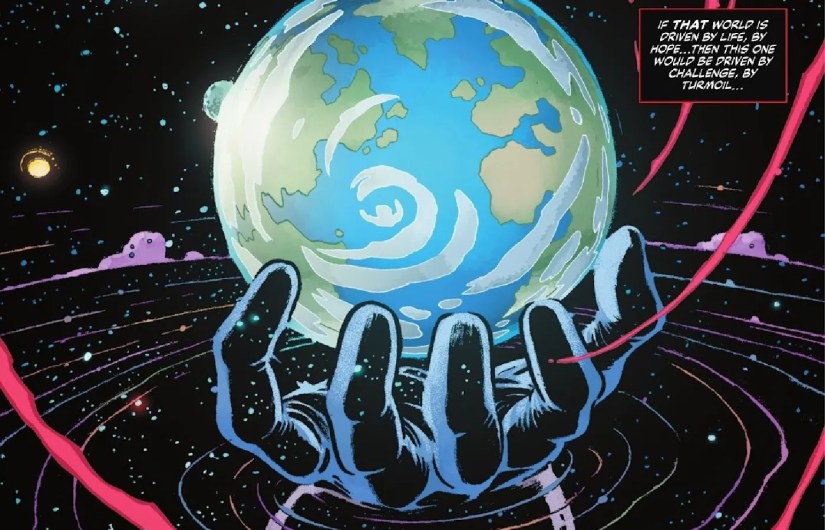 Comic book panel: Darkseid&rsquo;s cosmic-sized hand holds the entire Earth in a swirl of space.